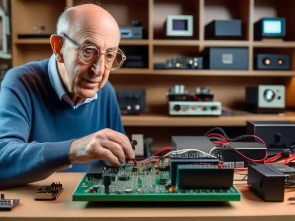 Ralph Baer en su taller, soldando con dedicación entre prototipos de consolas