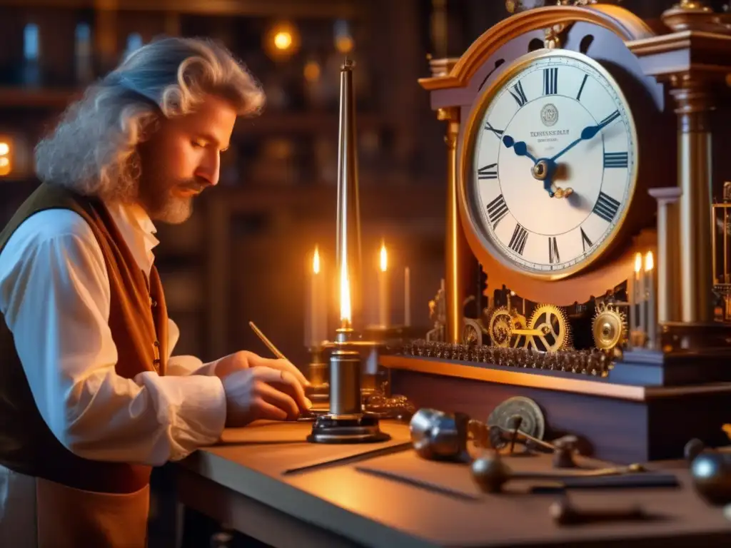 En el taller, Christiaan Huygens examina con precisión los delicados componentes de un péndulo, iluminado por la cálida luz de las velas