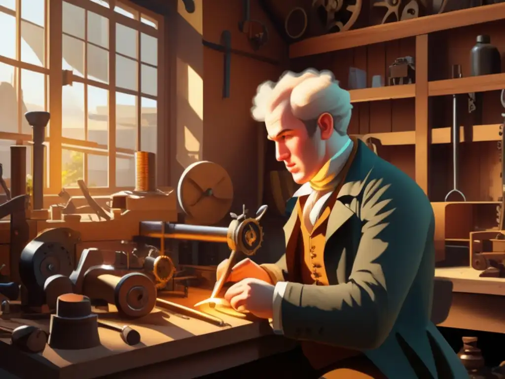 En un taller desordenado, James Watt se concentra en una delicada pieza mecánica bajo cálida luz dorada