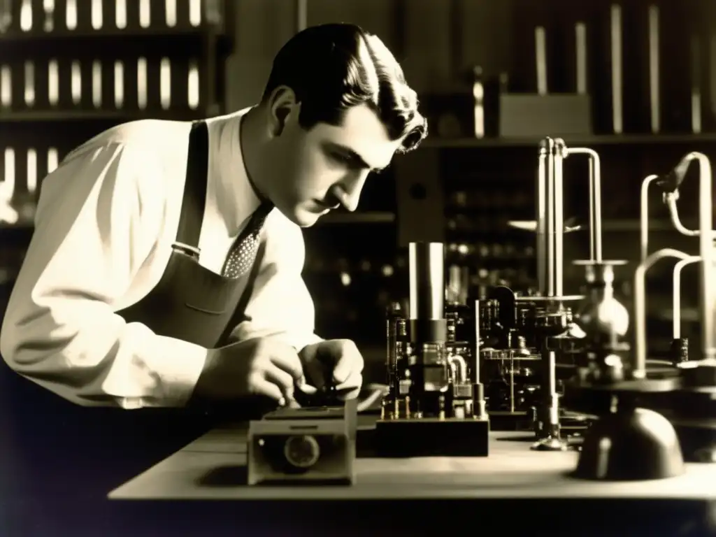 En un taller con poca luz, un joven Willis Carrier ajusta sus experimentos, rodeado de herramientas y planos