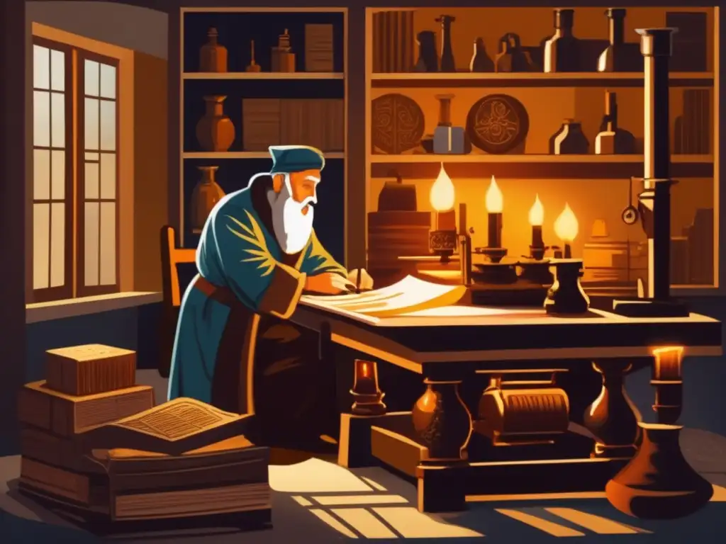 En su taller, Johannes Gutenberg examina una página impresa, rodeado de maquinaria y herramientas
