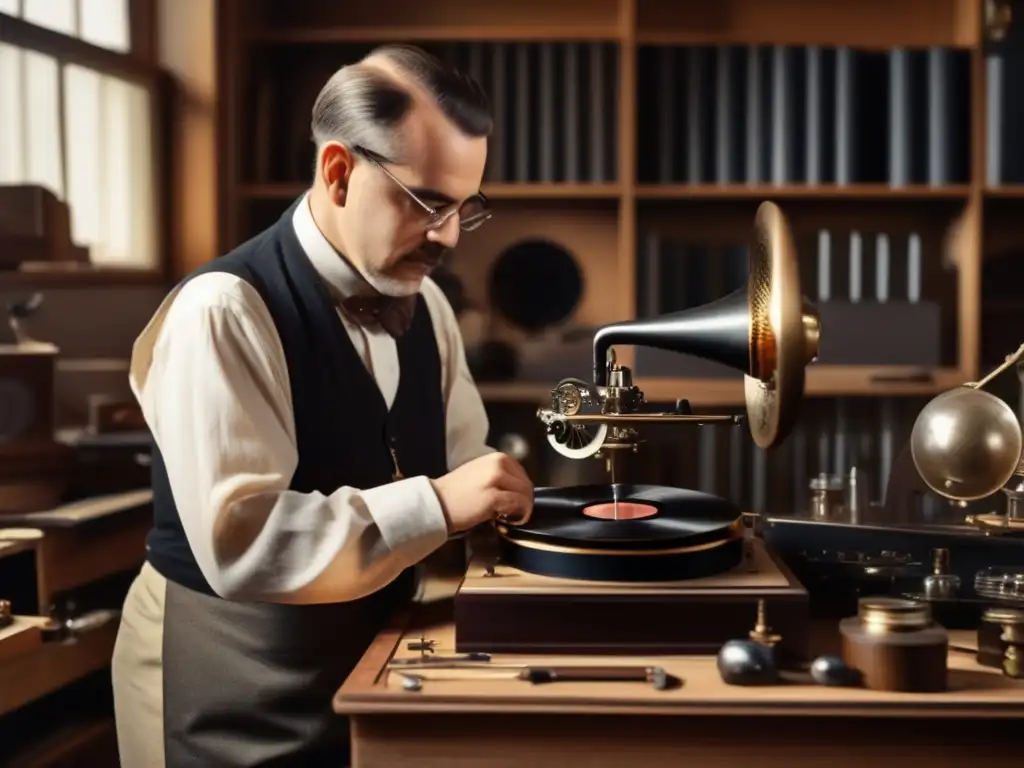 En su taller, Emile Berliner inspecciona un prototipo de gramófono con determinación