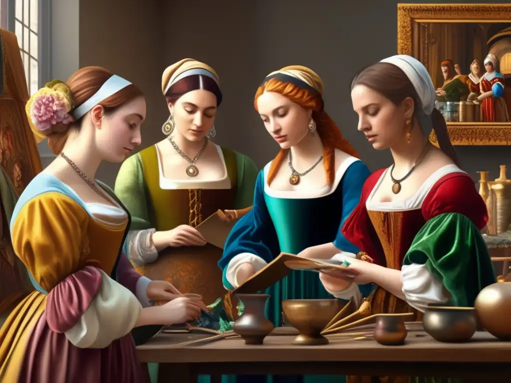 En un taller renacentista, mujeres artistas se concentran en su trabajo rodeadas de pinturas, esculturas y suministros artísticos