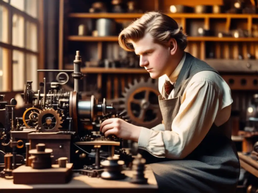 En un taller repleto de piezas mecánicas, John Logie Baird se concentra en una pequeña y intricada invención