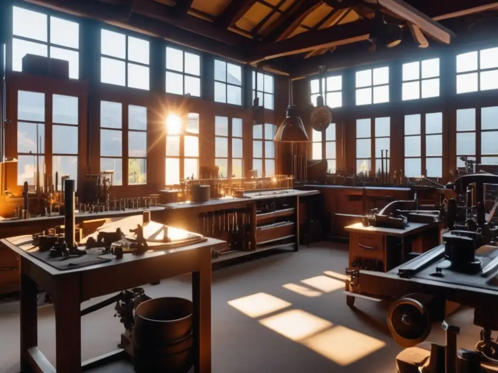 En el taller de Rudolf Diesel, el sol ilumina herramientas y maquinaria, creando un ambiente de innovación e industria
