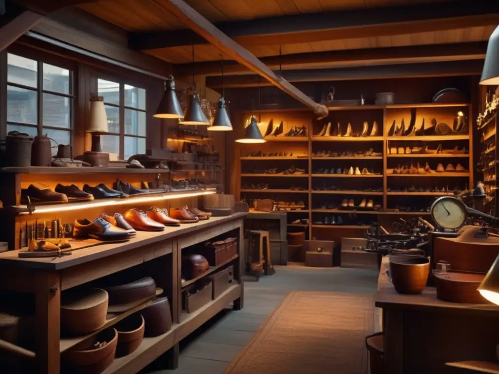 Un taller rústico y cálido de los hermanos Dassler, con herramientas de zapatería vintage y zapatillas artesanales en las estanterías