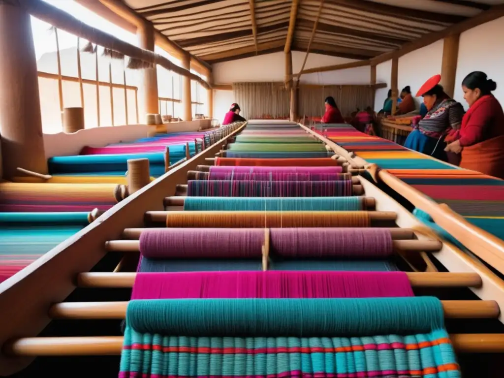 Un taller de tejido peruano con artesanos creando patrones y colores vibrantes