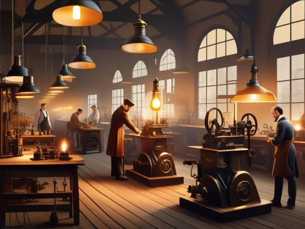 Un taller vintage donde Gottlieb Daimler trabaja en el primer motor de combustión interna