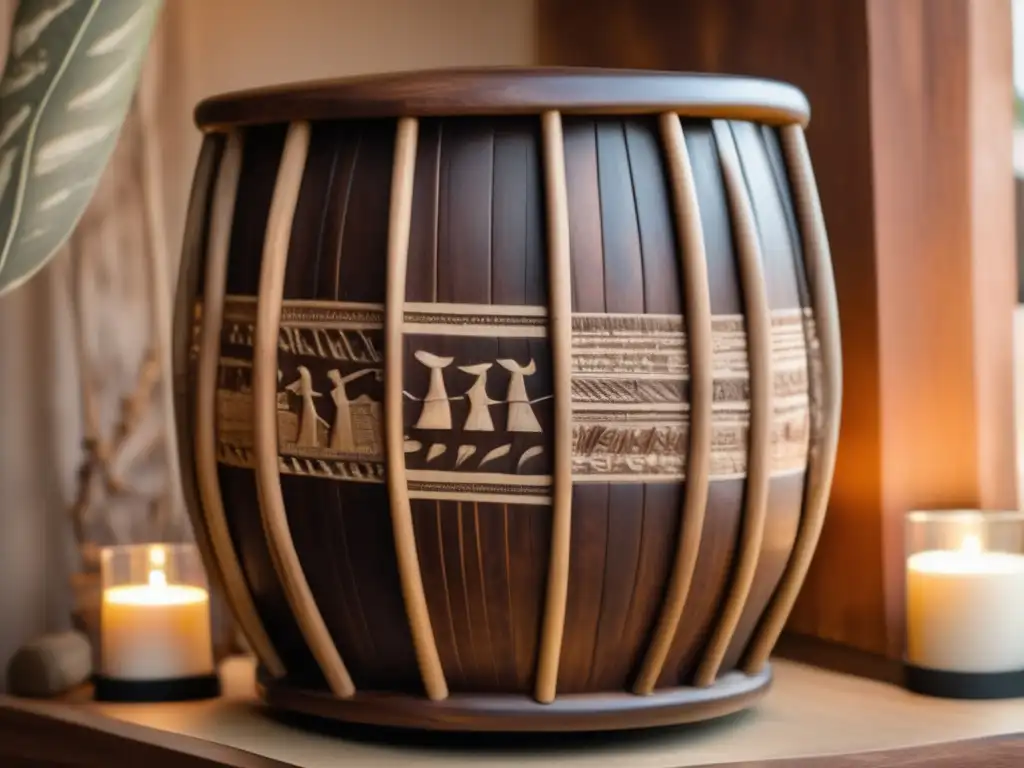 Un tambor de madera tallado con escenas de la vida en un pueblo africano