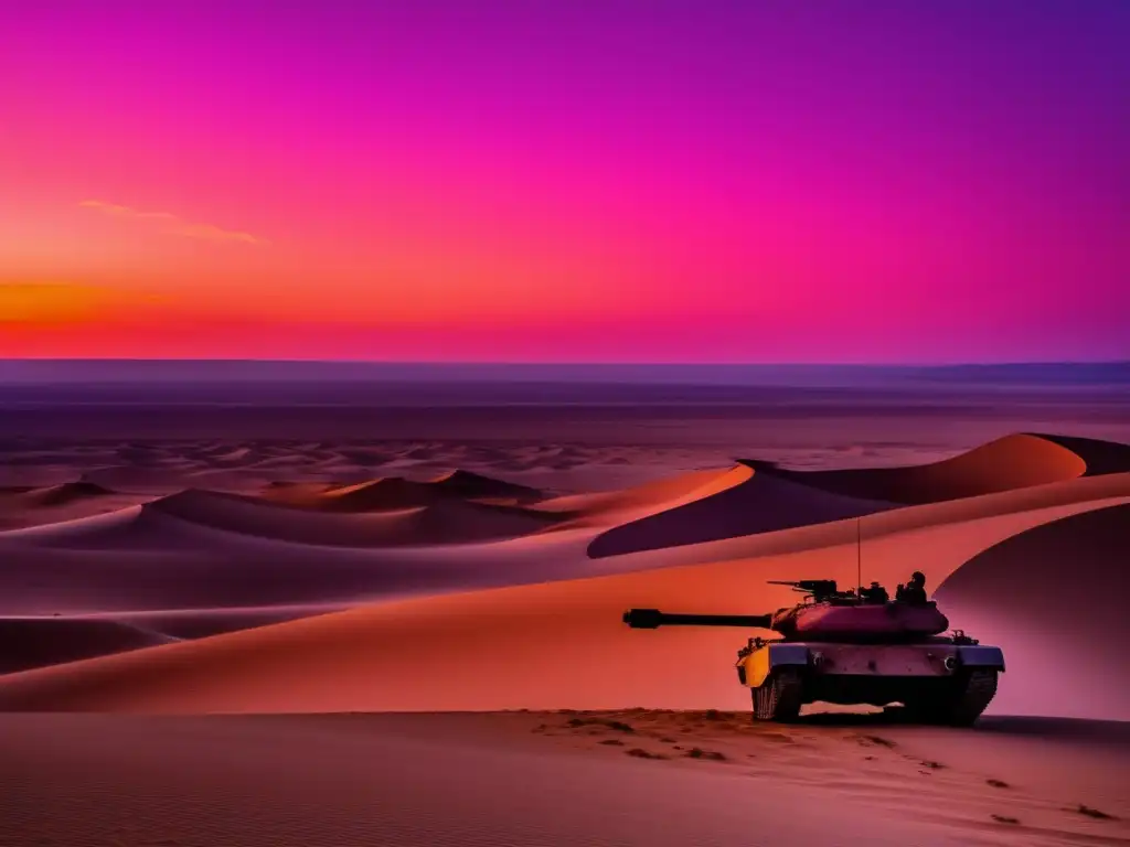 Un tanque solitario se destaca en el desierto del norte de África al atardecer, mientras las dunas se extienden hacia el horizonte