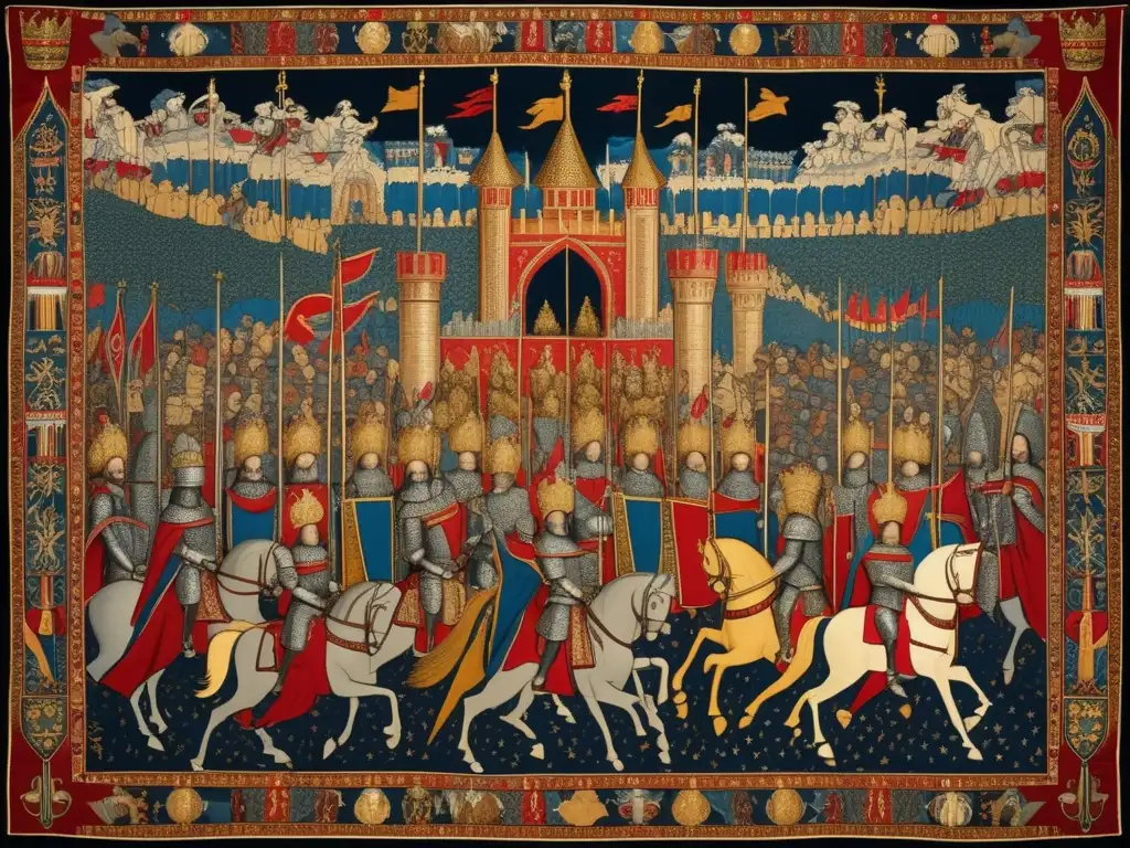 Un tapiz grandioso muestra reyes medievales en armaduras brillantes, liderando ejércitos con justificación divina en la guerra