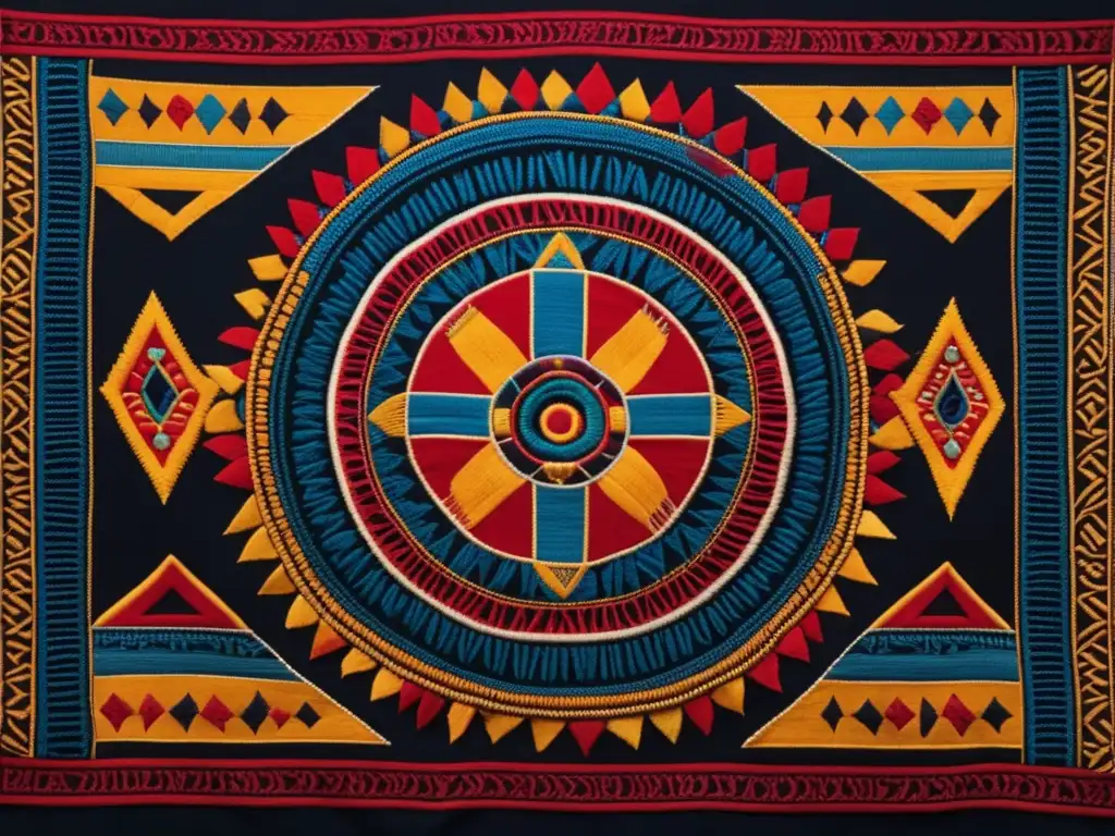 Un tapiz maya con símbolos tradicionales, colores vibrantes y la imagen de Rigoberta Menchú abogando por los derechos indígenas
