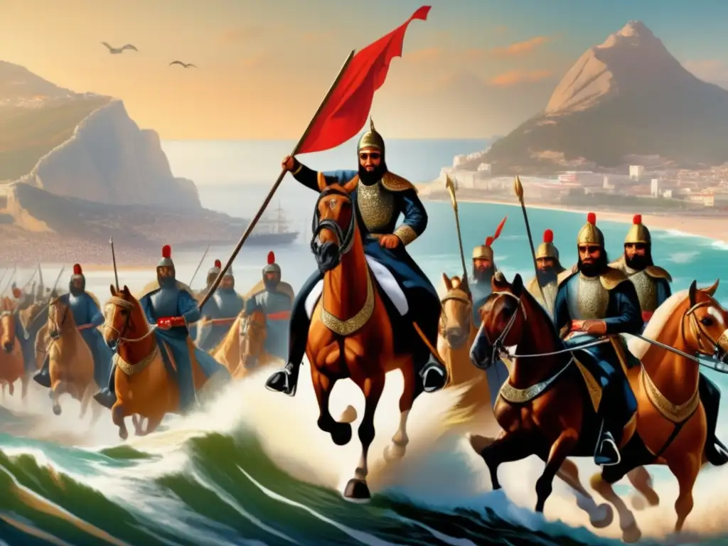 Tariq bin Ziyad lidera la conquista de Gibraltar musulmán, mientras su ejército avanza con determinación hacia el imponente Peñón