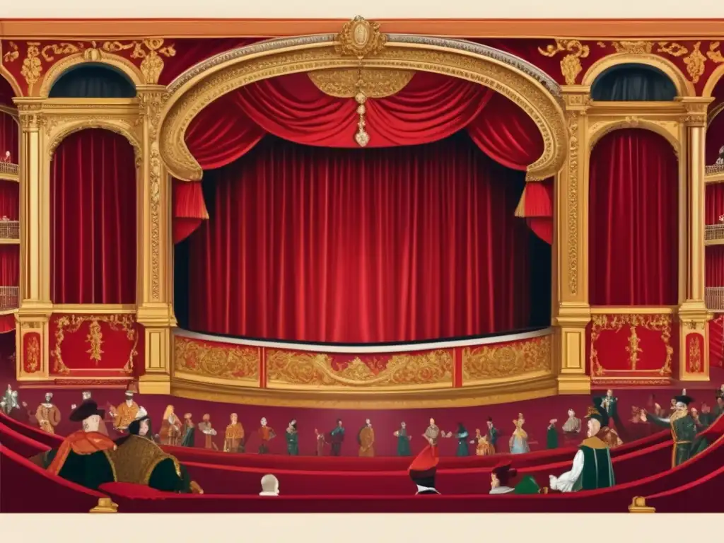 Un teatro de comedia francés del siglo XVII Molière, con actores y una audiencia vestidos lujosamente, escenario opulento y arquitectura ornamentada