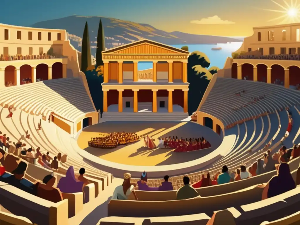 Un teatro griego antiguo iluminado por el sol, donde la gente disfruta de una actuación de ceremonias y festivales antiguos Grecia Plutarco