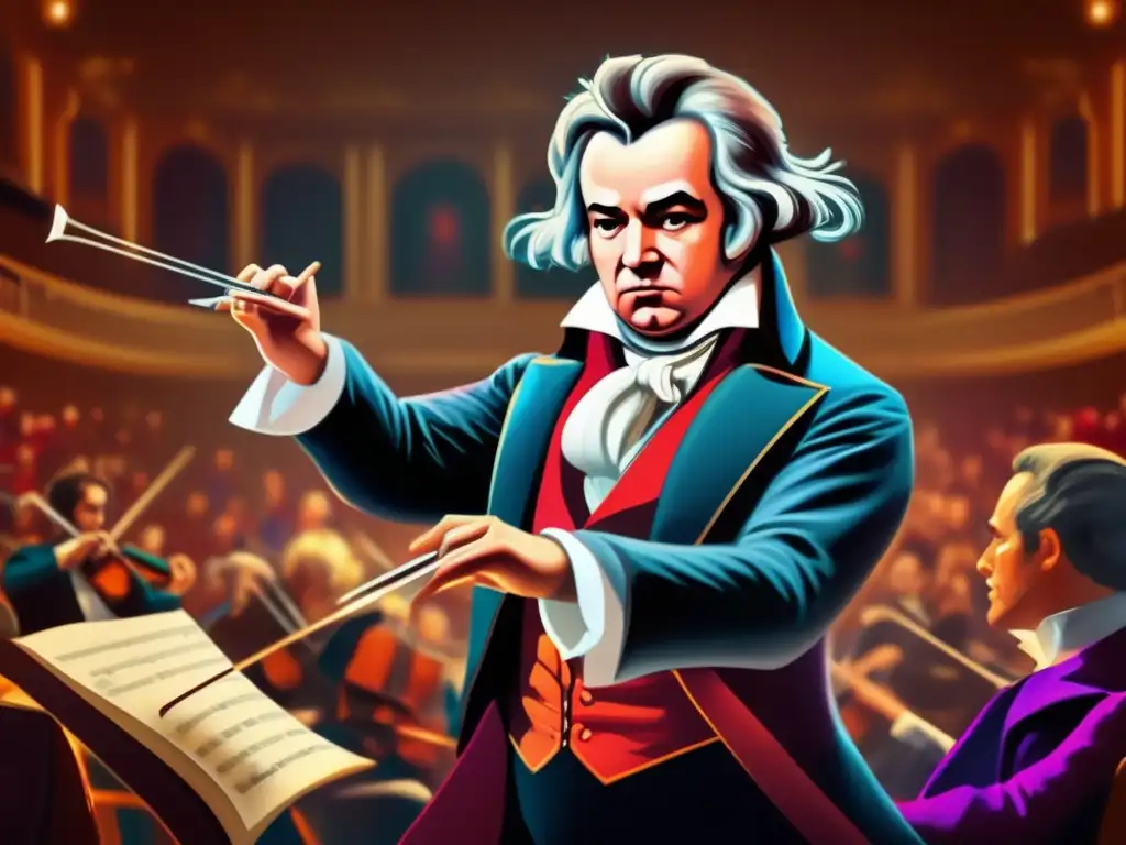 En el teatro, Ludwig van Beethoven dirige apasionadamente una orquesta en una representación visualmente impactante que captura su genio musical