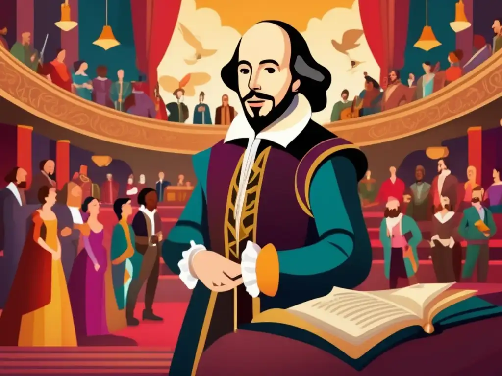 En el teatro, William Shakespeare rodeado de personajes de sus famosas obras