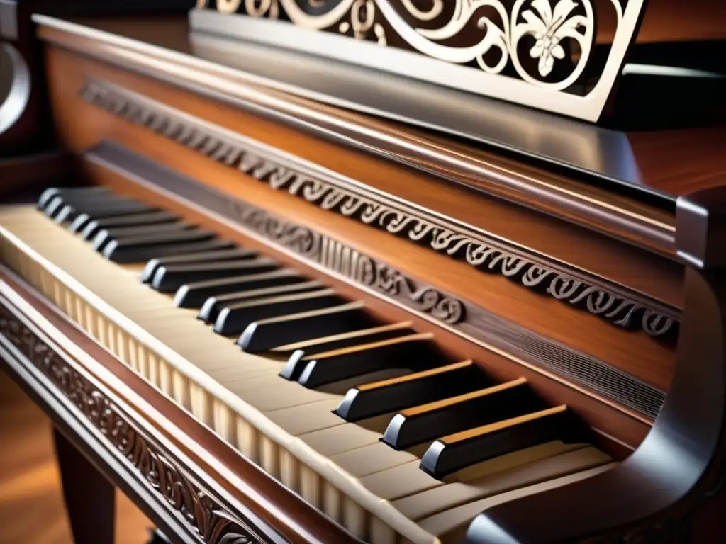 Las teclas de un imponente piano de cola, desgastadas por el uso, muestran un exquisito grabado y una rica veta de madera