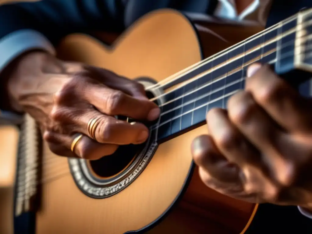 La técnica revolucionaria de Paco de Lucía se revela en detalle en sus manos expertas que ejecutan la guitarra flamenca con maestría