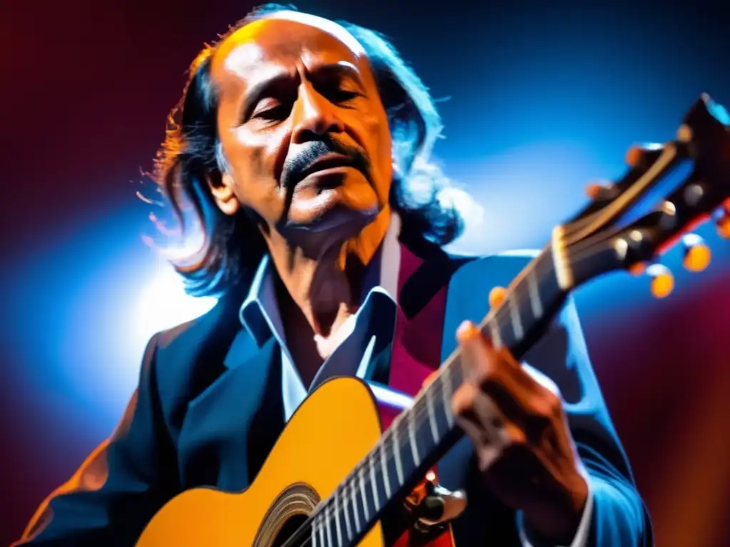 Con una técnica revolucionaria, Paco de Lucía toca apasionadamente la guitarra en un escenario, con iluminación dramática y sombras dinámicas