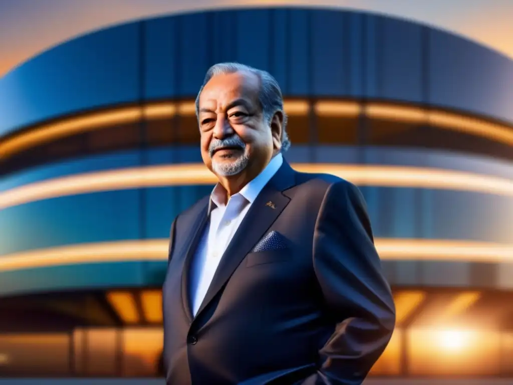 Carlos Slim, líder en telecomunicaciones, enérgico frente a edificio futurista al atardecer