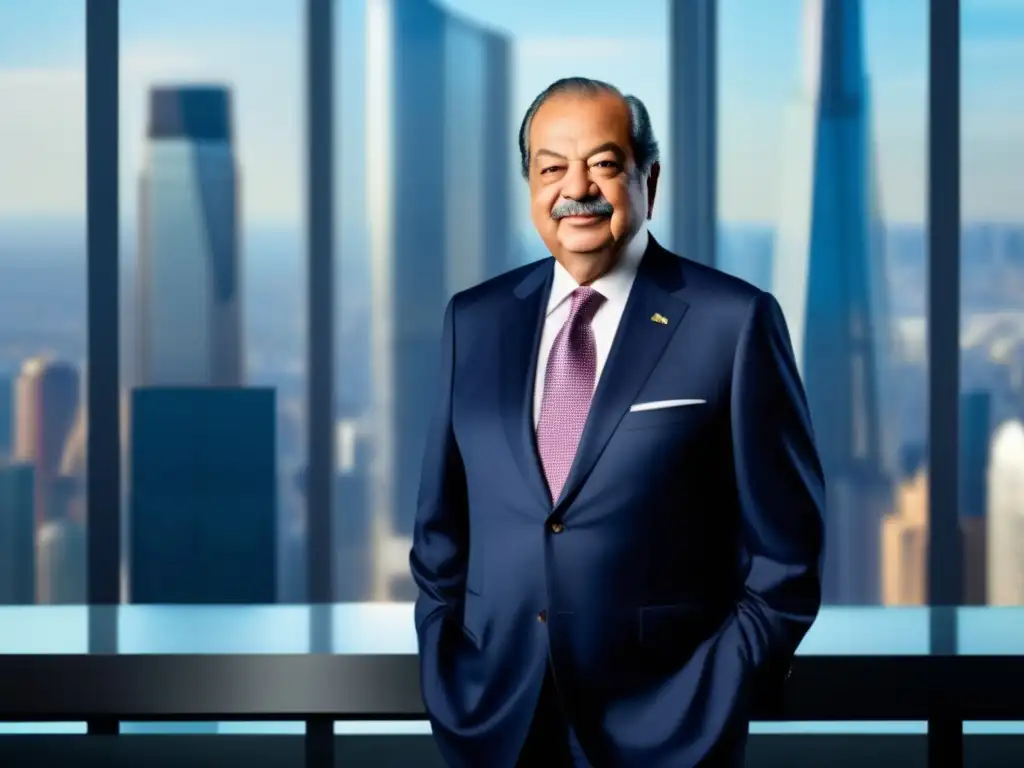 Carlos Slim, líder en telecomunicaciones, irradia confianza y éxito en una oficina moderna con tecnología de vanguardia y vistas a la ciudad