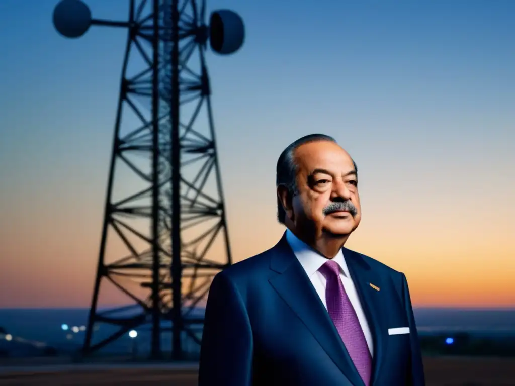 Carlos Slim, magnate de las telecomunicaciones, irradia poder y determinación frente a una torre iluminada por luces LED