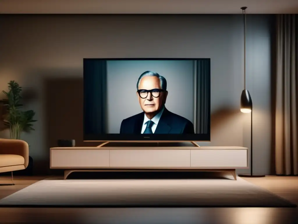 Una televisión moderna muestra un documental sobre una figura histórica en una elegante sala de estar minimalista