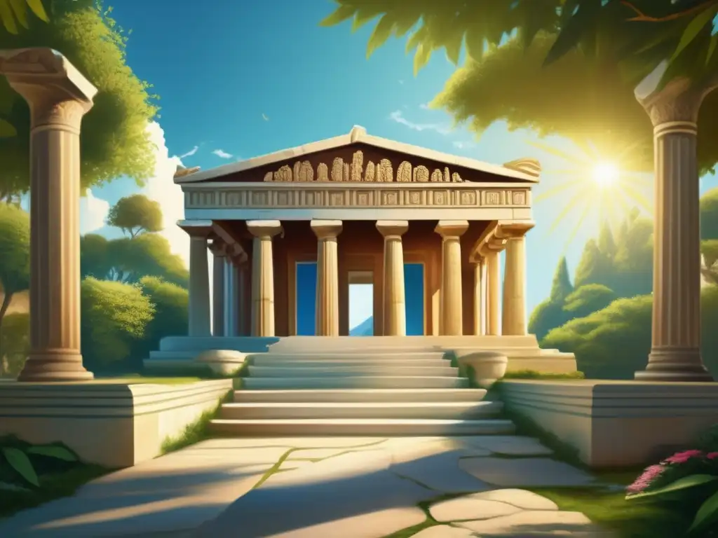 Un templo griego antiguo en un bosque exuberante con detalles decorativos y una atmósfera serena