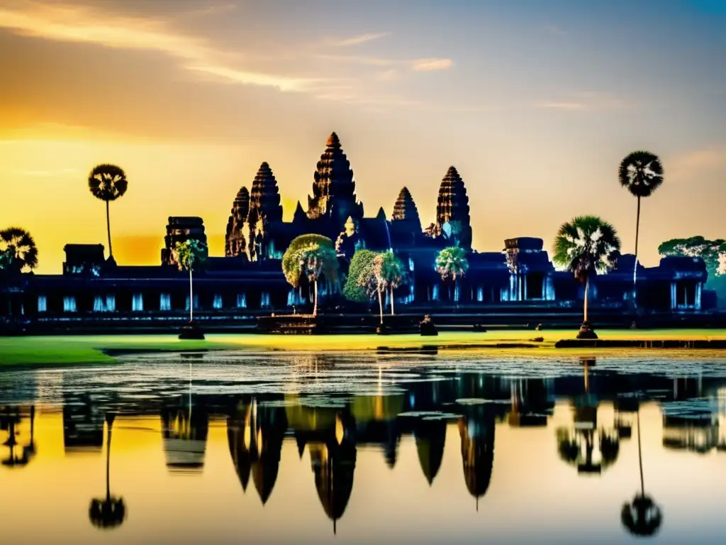 Al amanecer, el templo Angkor Wat refleja su magnificencia en el agua, mientras visitantes maravillados contemplan la historia del Imperio Jemer
