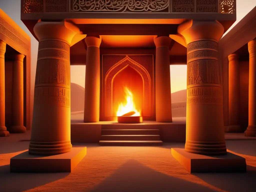 Un templo persa antiguo con intrincados grabados y el cálido resplandor del fuego eterno, evocando los misteriosos rituales persas de Thomas Hyde