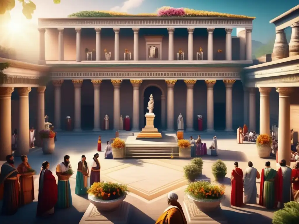 Un templo romano lleno de adoradores en rituales, con estatuas de mármol y flores