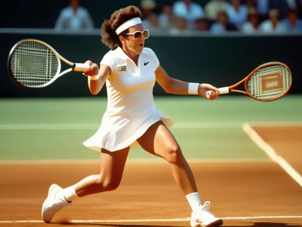 Billie Jean King practicando tenis, destacando su lucha por la igualdad en el deporte