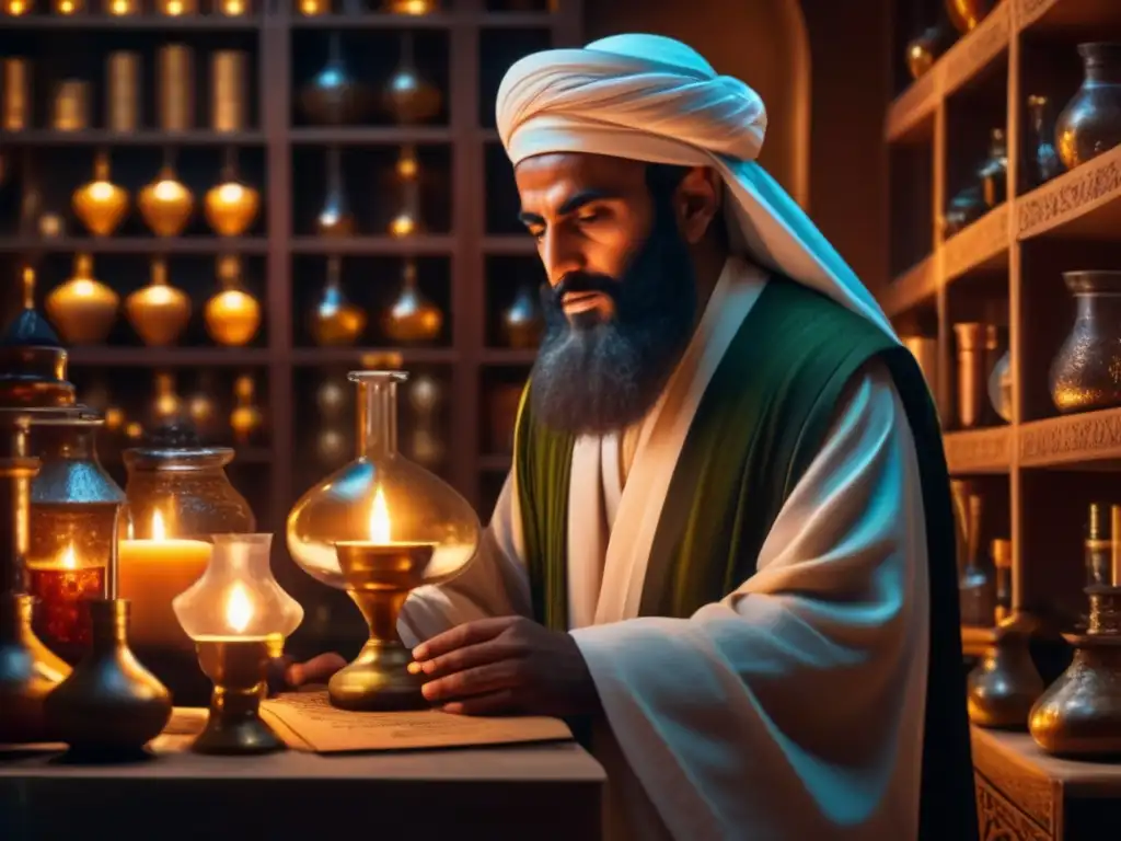 En la tenue luz de una antigua alquimia, Jabir Ibn Hayyan se sumerge en sus misteriosos experimentos, evocando un aura de sabiduría ancestral