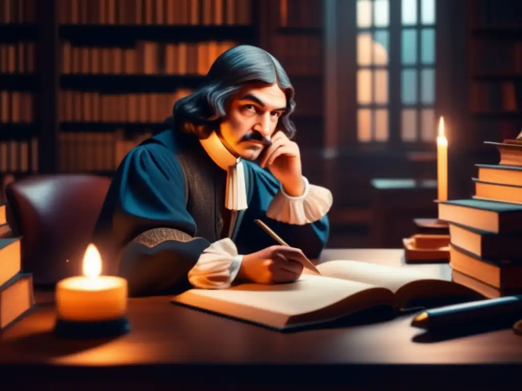 En la tenue luz de una antigua biblioteca, René Descartes reflexiona con su pluma en mano, rodeado de libros y utensilios científicos