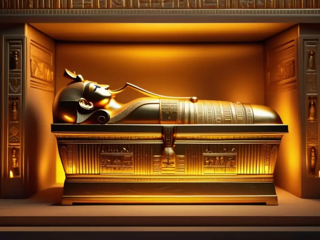 En la tenue luz de antorchas, el sarcófago dorado de Tutankamón brilla, revelando la artesanía egipcia en una tumba misteriosa