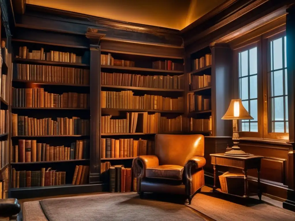 En la tenue luz de una biblioteca repleta de libros antiguos, artefactos y curiosidades, un solo sillón de lectura es iluminado por una lámpara