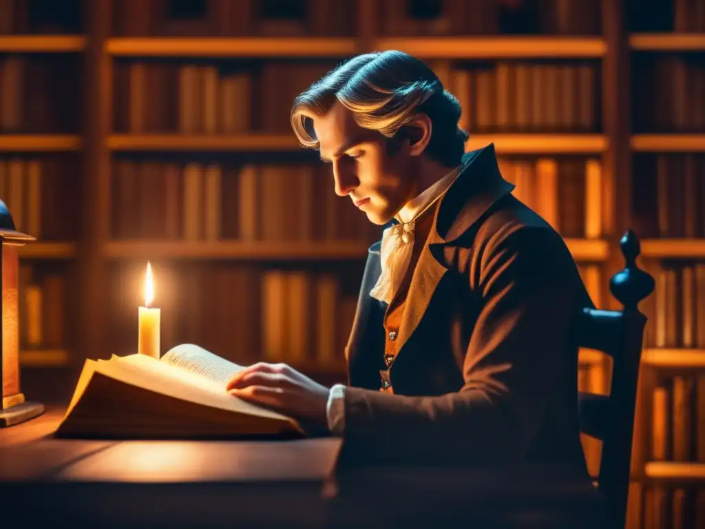 En la tenue luz de un estudio, el joven Jacob Grimm lee con atención en su escritorio de madera, rodeado de antiguos libros