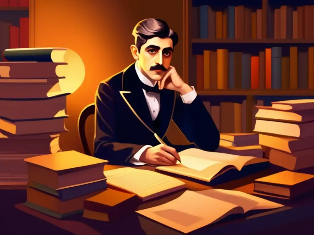 En la tenue luz de una habitación, Marcel Proust reflexiona frente a su escritorio, rodeado de libros y papeles antiguos