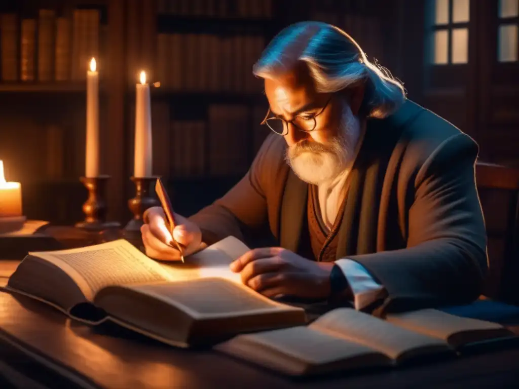 En la tenue luz de velas, William Miller estudia con fervor profecías y desilusiones, mostrando determinación y confusión