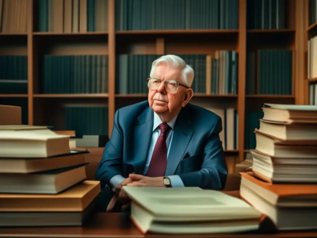 Ronald Coase reflexiona sobre el Teorema de Coase y propiedad privada, rodeado de libros y papeles en su despacho