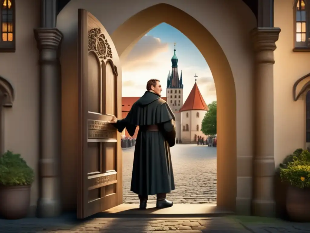 Apoteósico momento: Martín Lutero clava sus 95 tesis en la puerta de la iglesia de Wittenberg, Alemania Martín Lutero nailing sus 95 tesis en la Iglesia del Castillo de Wittenberg, Alemania, con dramática iluminación y expresión intensa