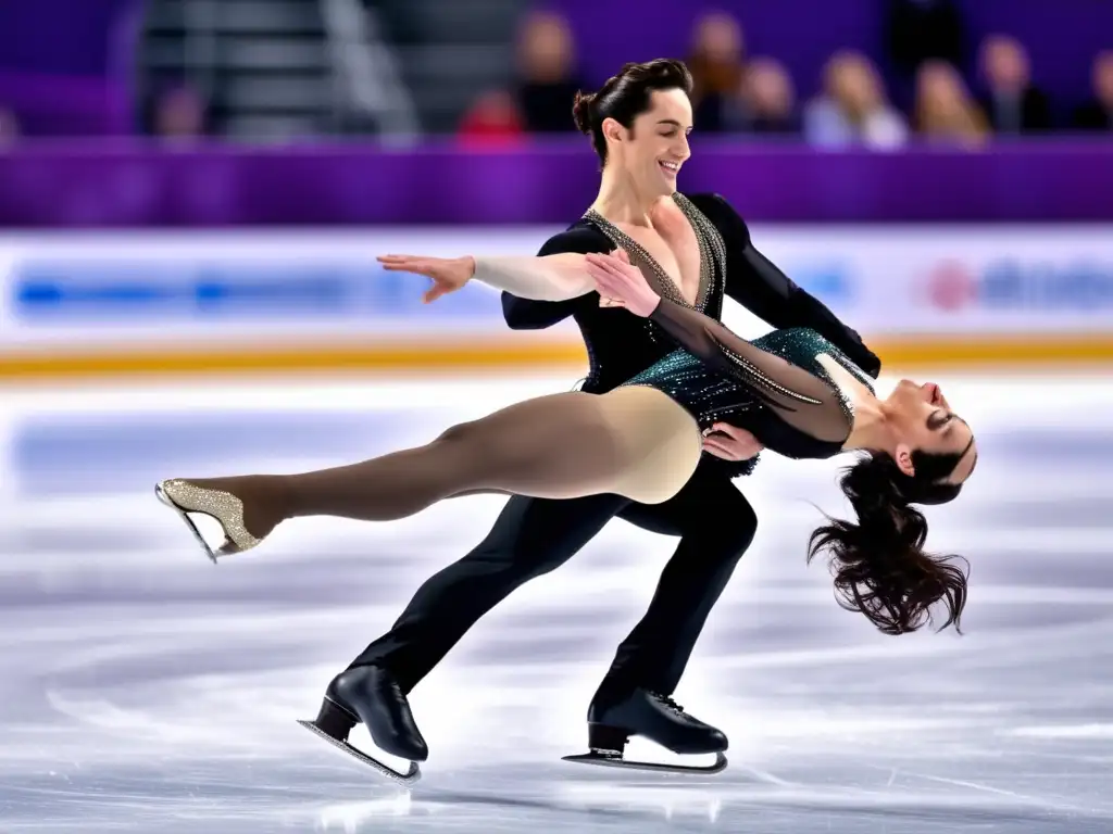 Tessa Virtue y Scott Moir en un impresionante levantamiento durante una rutina de patinaje