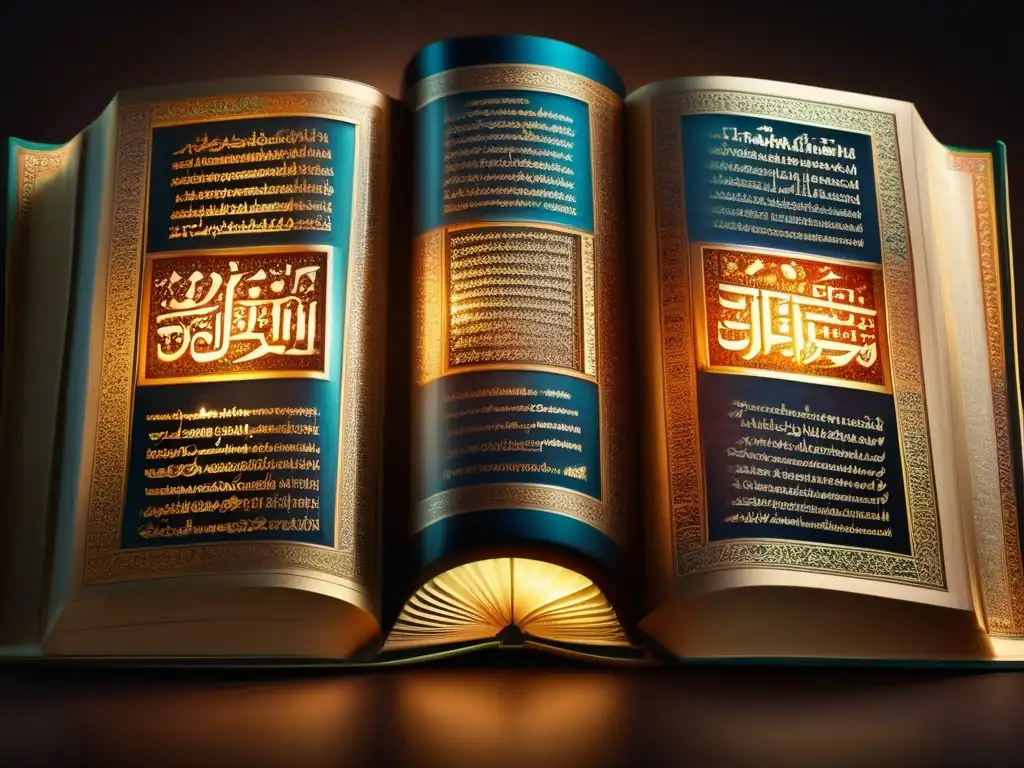 Tres Textos Religiosos Antiguos: Judaísmo, Cristianismo, Islam Tres textos religiosos antiguos, detallados y ornamentados de judaísmo, cristianismo e islam en una superficie pulida y oscura, iluminados suavemente