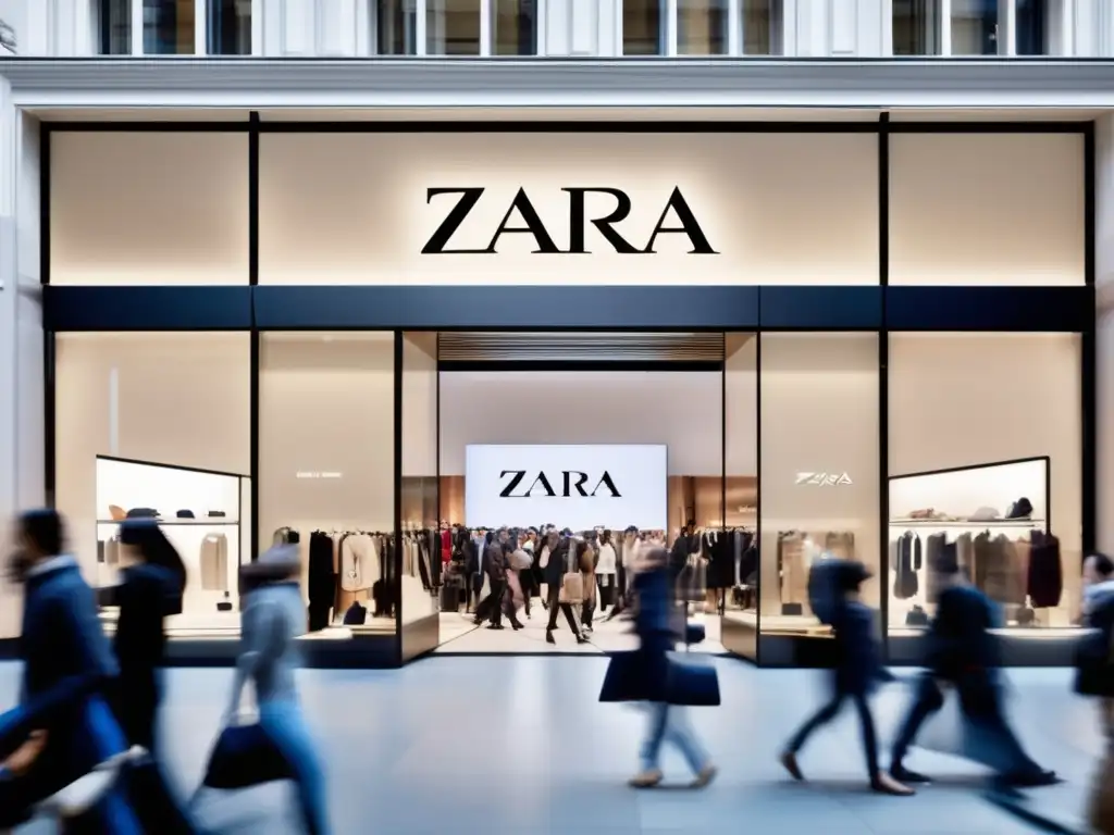 Una tienda Zara en el centro de la ciudad, rebosante de estilo y tecnología, reflejando el impacto de Inditex en moda rápida