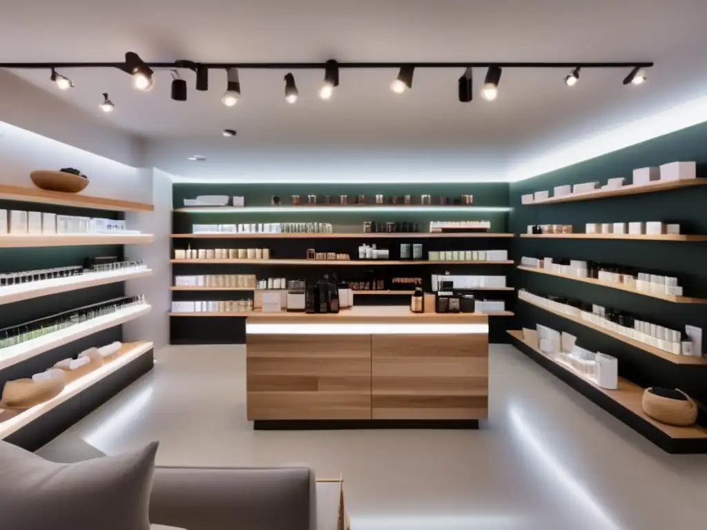 Una tienda de cosméticos éticos con diseño minimalista y productos de Impacto de Anita Roddick, iluminación suave y área de descanso acogedora para clientes