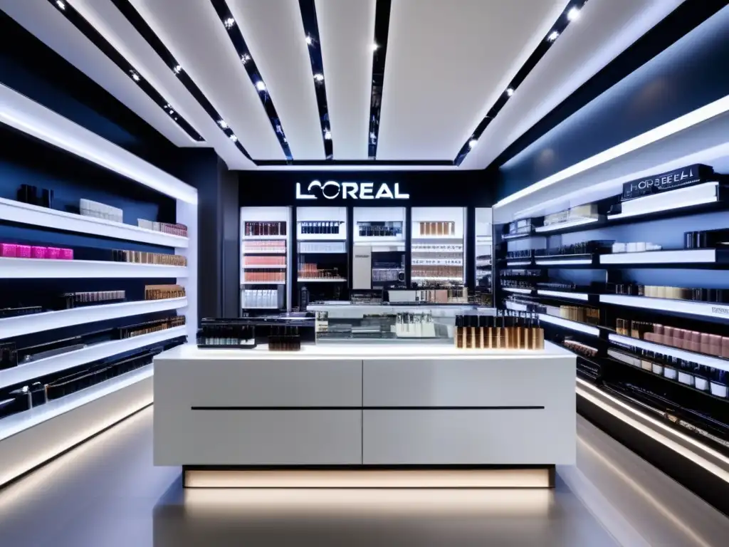 Una tienda de cosméticos L'Oréal, moderna y elegante, con una atmósfera cálida y lujosa