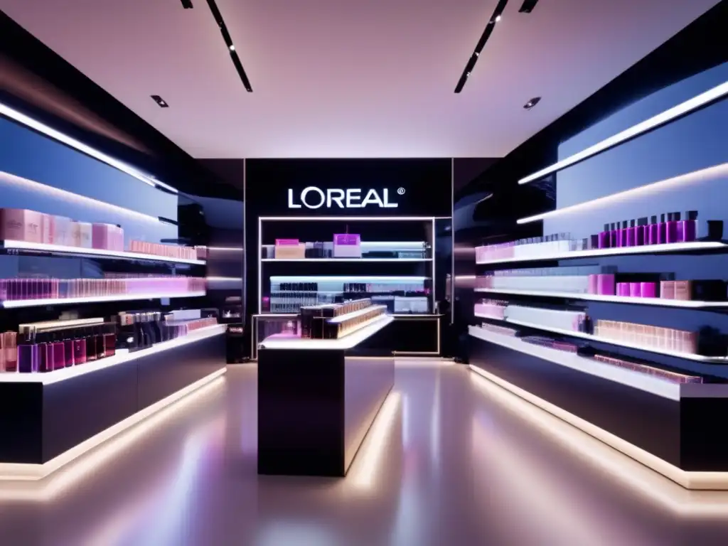 Una tienda de cosmética L'Oréal con diseño moderno y luces futuristas