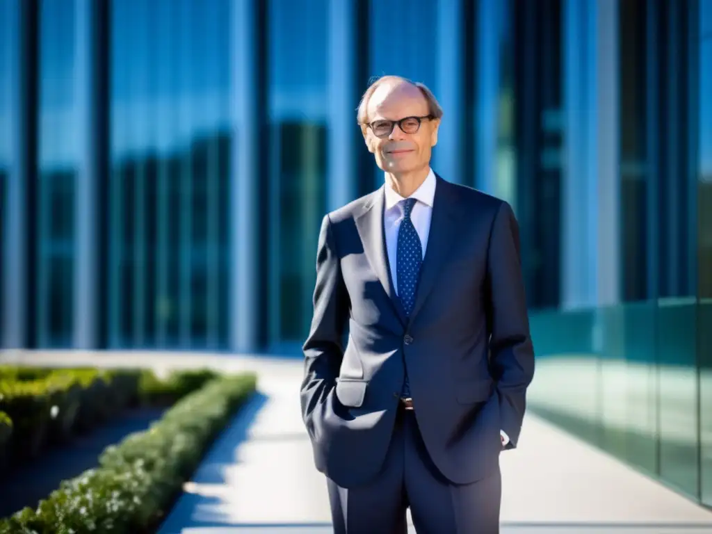 Jean Tirole, visionario de la regulación de mercados, frente a edificio moderno de cristal, reflejando determinación y liderazgo