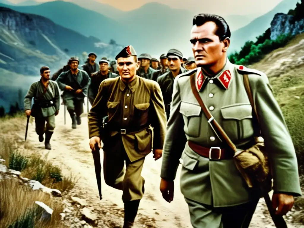 Josip Broz Tito lidera la resistencia partisana en la Segunda Guerra Mundial, mostrando determinación y liderazgo en las montañas de Yugoslavia